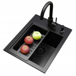 Zlewozmywak granitowy jednokomorowy do szafki 40 czarny bateria dozownik koszyk Zlewozmywak granitowy jednokomorowy do szafki 40 czarny bateria dozownik koszyk